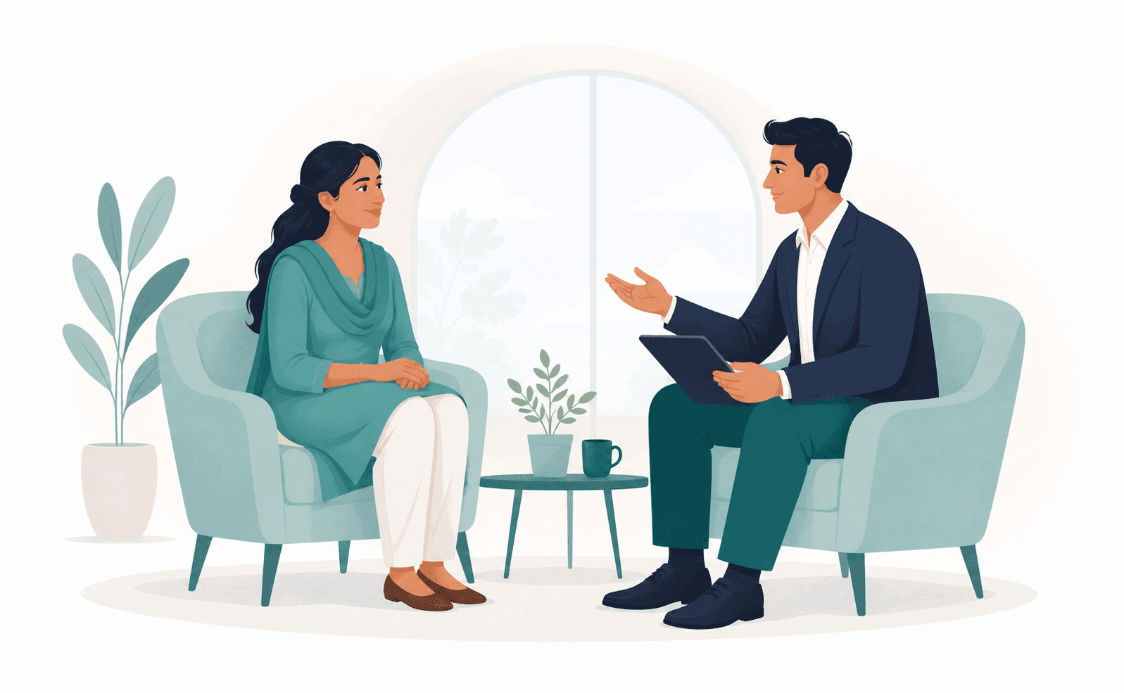A borrower having a calm planning conversation with an advisor